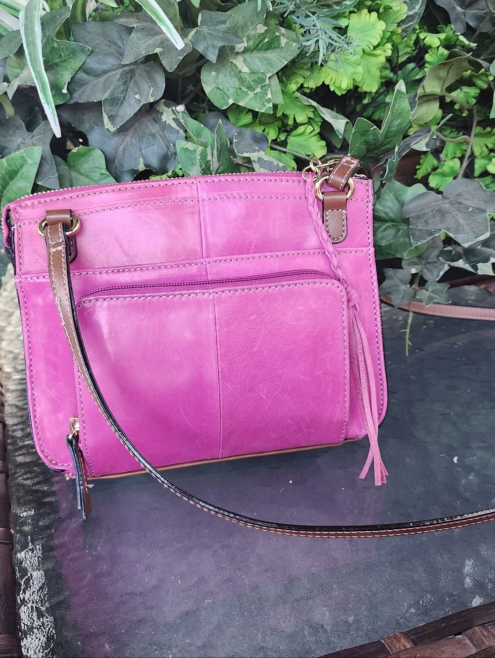 Tignanello Magenta Leather Crossbody with Brown Strap - Picture 5 of 8